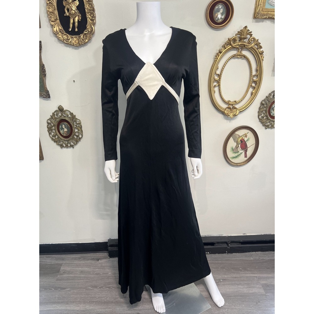 Vintage Black White Contrast V-Neck Long Sleeve Maxi Dress Size XS